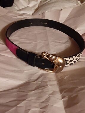 Gold Animal Sculpted Buckle Colorblock Women’s Belt - Black, Pink & Chitah SZ M